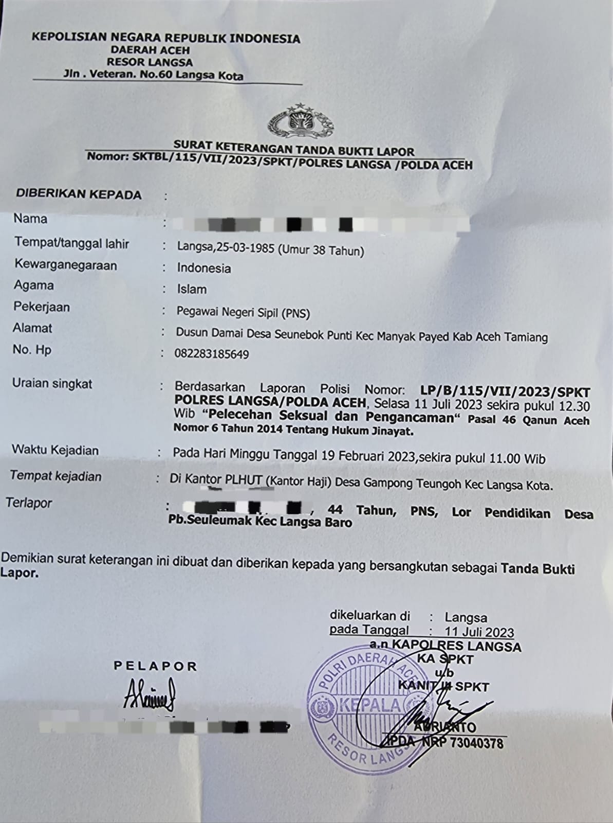 Oknum ASN Kemenag Langsa HAF Dilaporkan Kepolisi Terkait Dugaan Pelecehan