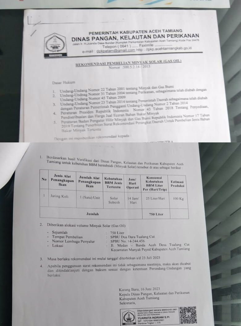 Suruat dari Dinas Pangan, Kelautan dan Perikanan wilayah Aceh Tamiang (foto Ist)