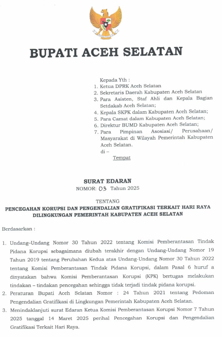 Jelang Hari Raya, Bupati Aceh Selatan Keluarkan Surat Edaran ASN Dilarang Terima Gratifikasi